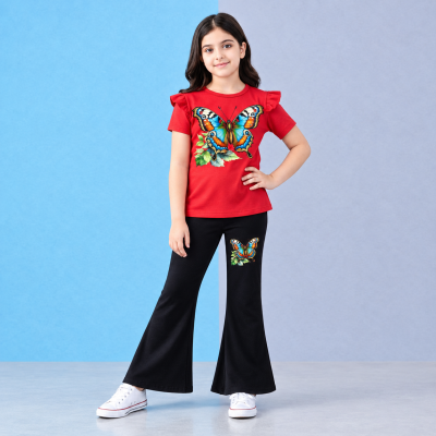 Colorful Butterfly with Floral Art and Black Bell-Bottom Two-Piece Set (Red Flutter Sleeve Top & Black Bell-Bottom Pants Set)